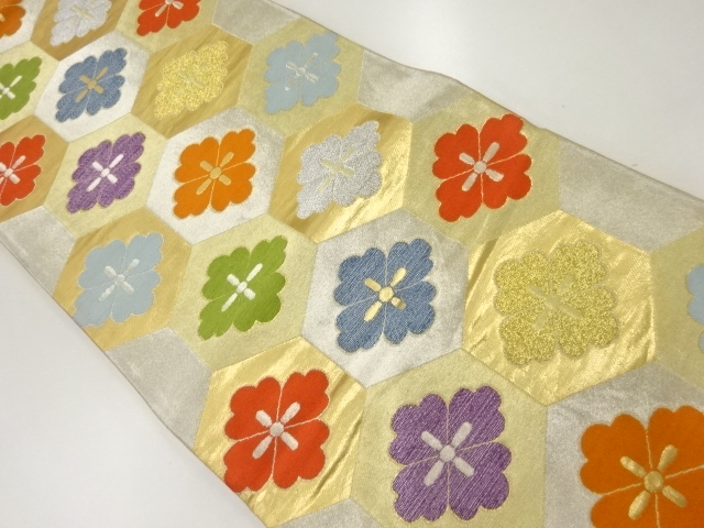 JAPANESE KIMONO / ANTIQUE FUKURO OBI / WOVEN KIKKO & FLOWERS